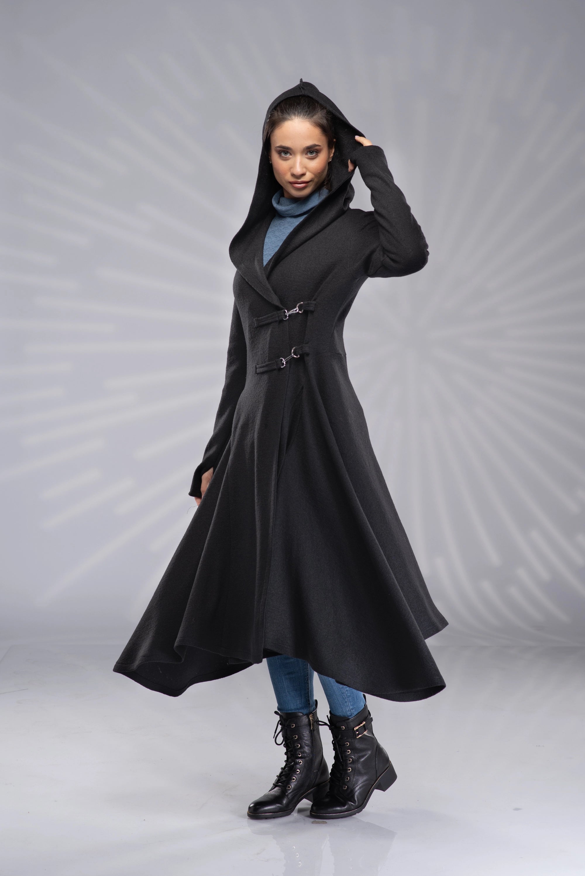 Long Hooded Cardigan Cloak with Hood - Maxi Gothic Sweater Jacket-Danellys.webp
