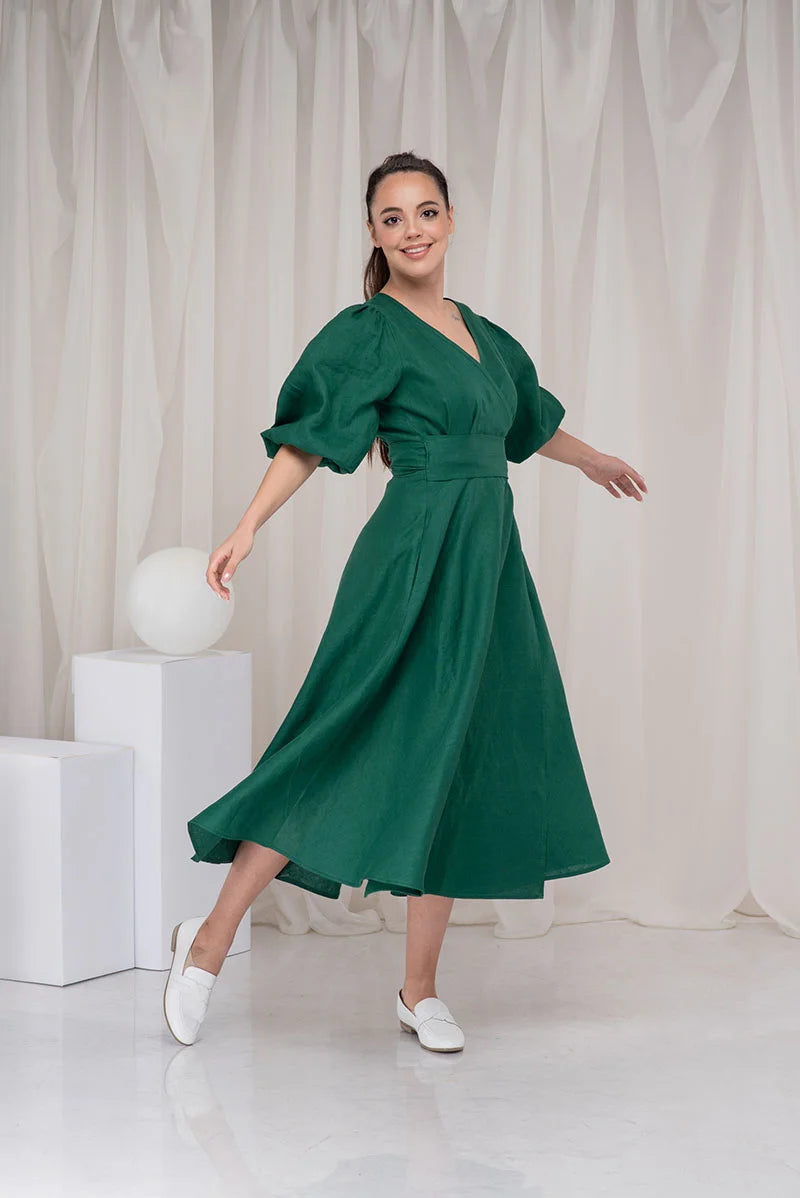Linen Midi Wrap Dress with Belt and Balloon Sleeve