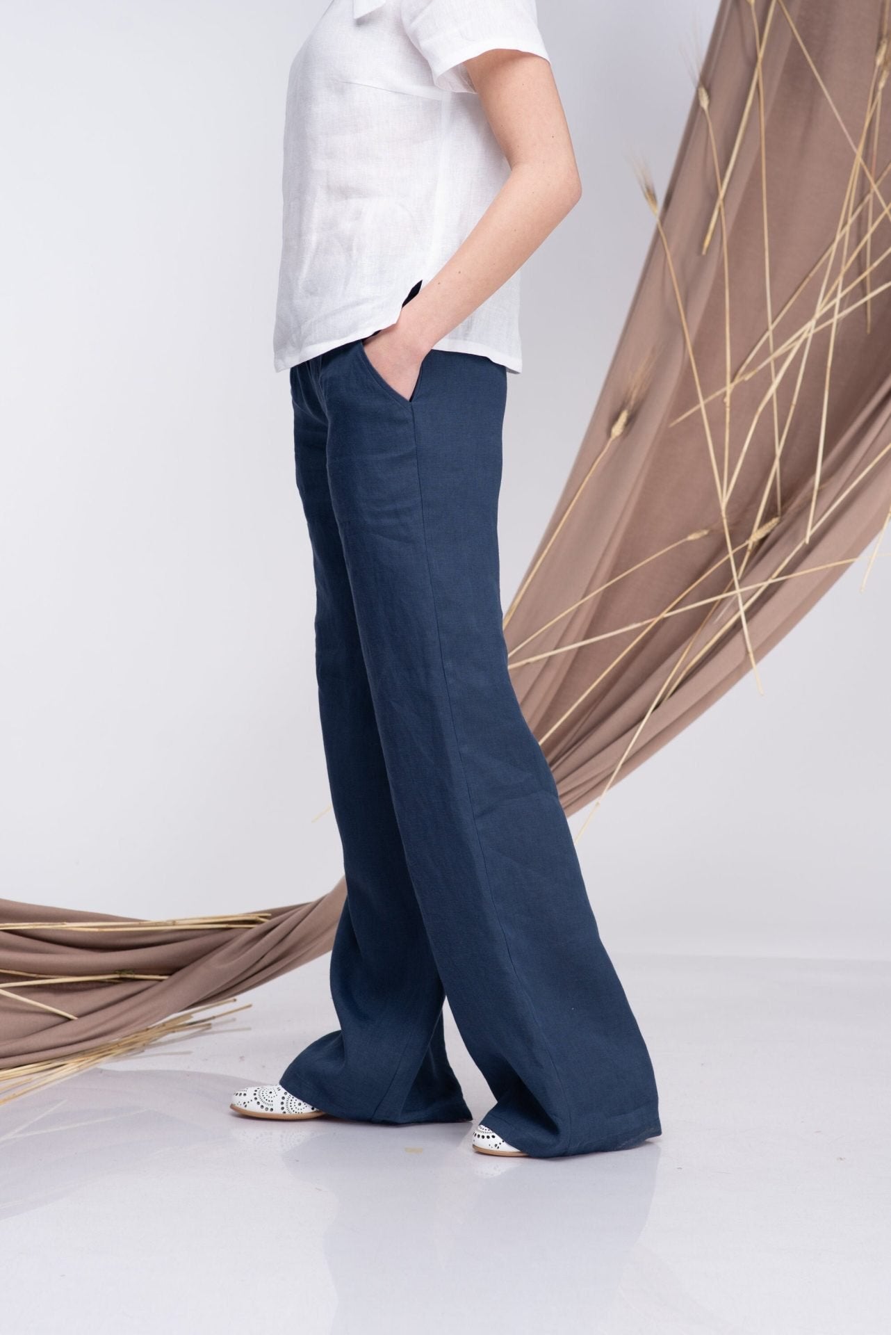Linen Wide Leg Palazzo Trousers with Elastic Waist