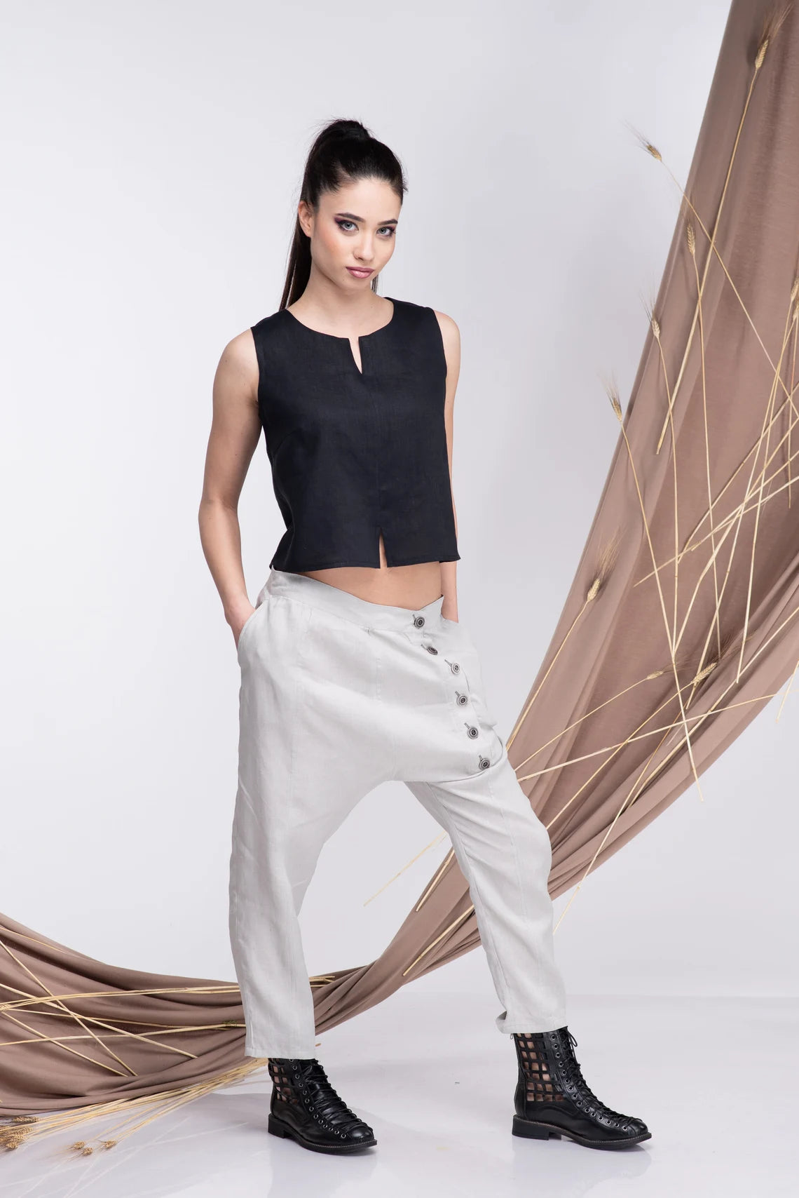 Linen Drop Crotch White Summer Casual Pants-Danellys-4.webp