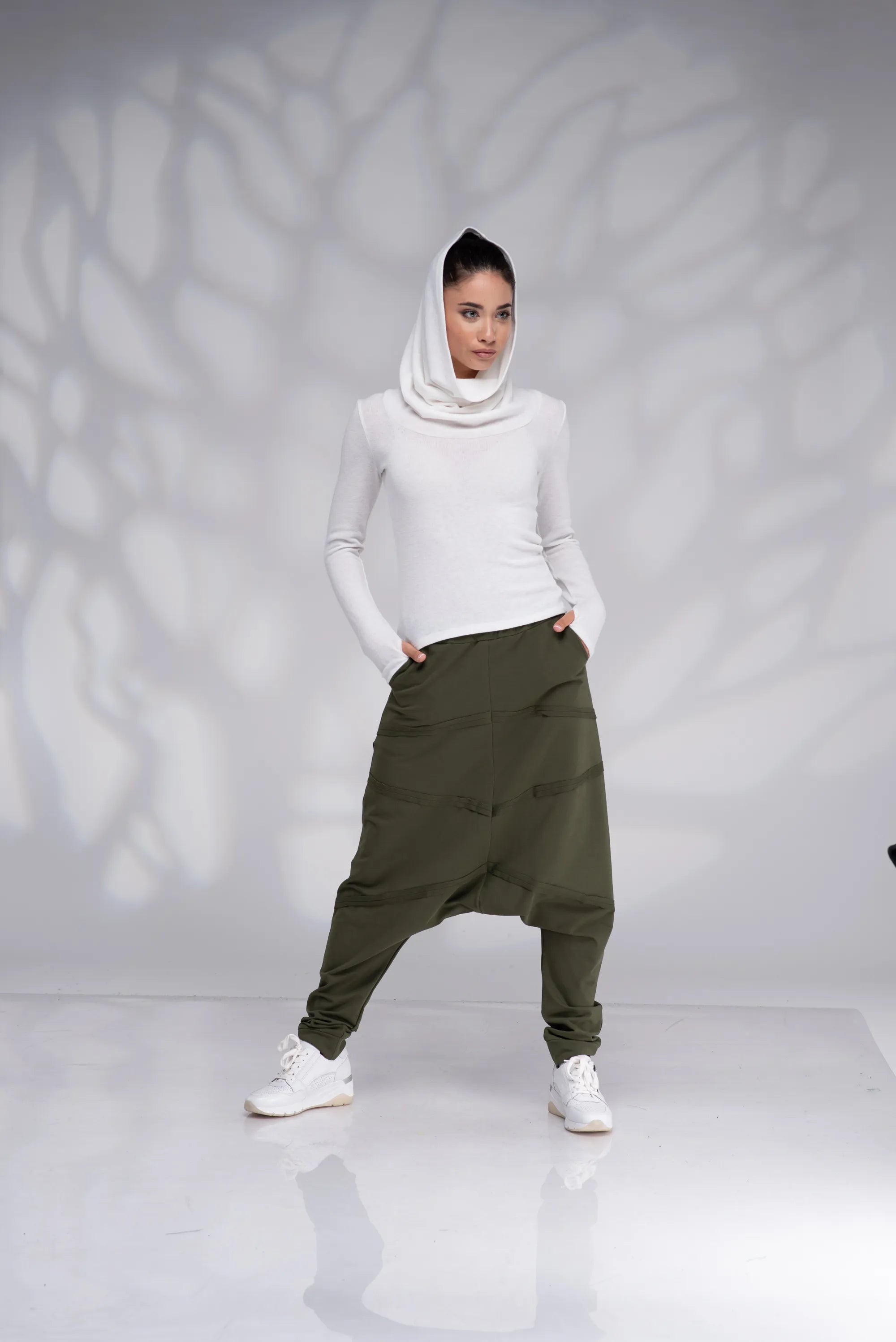 Cowl Neck White Pullover with Thumb Holes-Danellys.webp