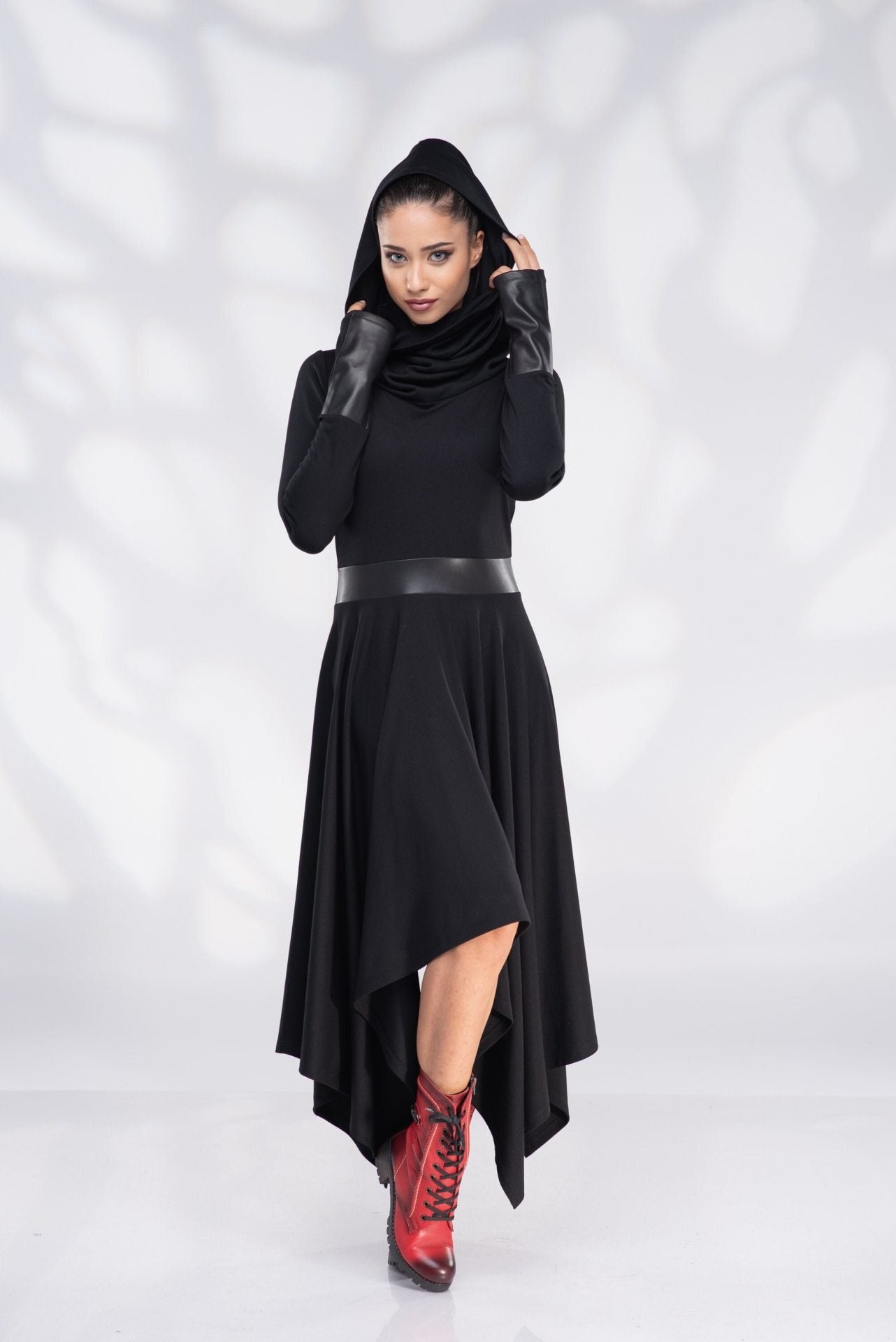 Black Winter Pixie Wool Dress with Cowl Hood