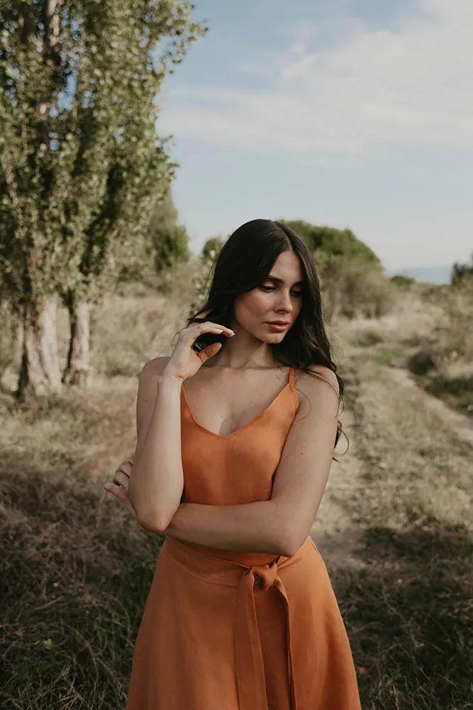 Rust Orange Spaghetti Strap Linen Maxi Dress with Tie Waist