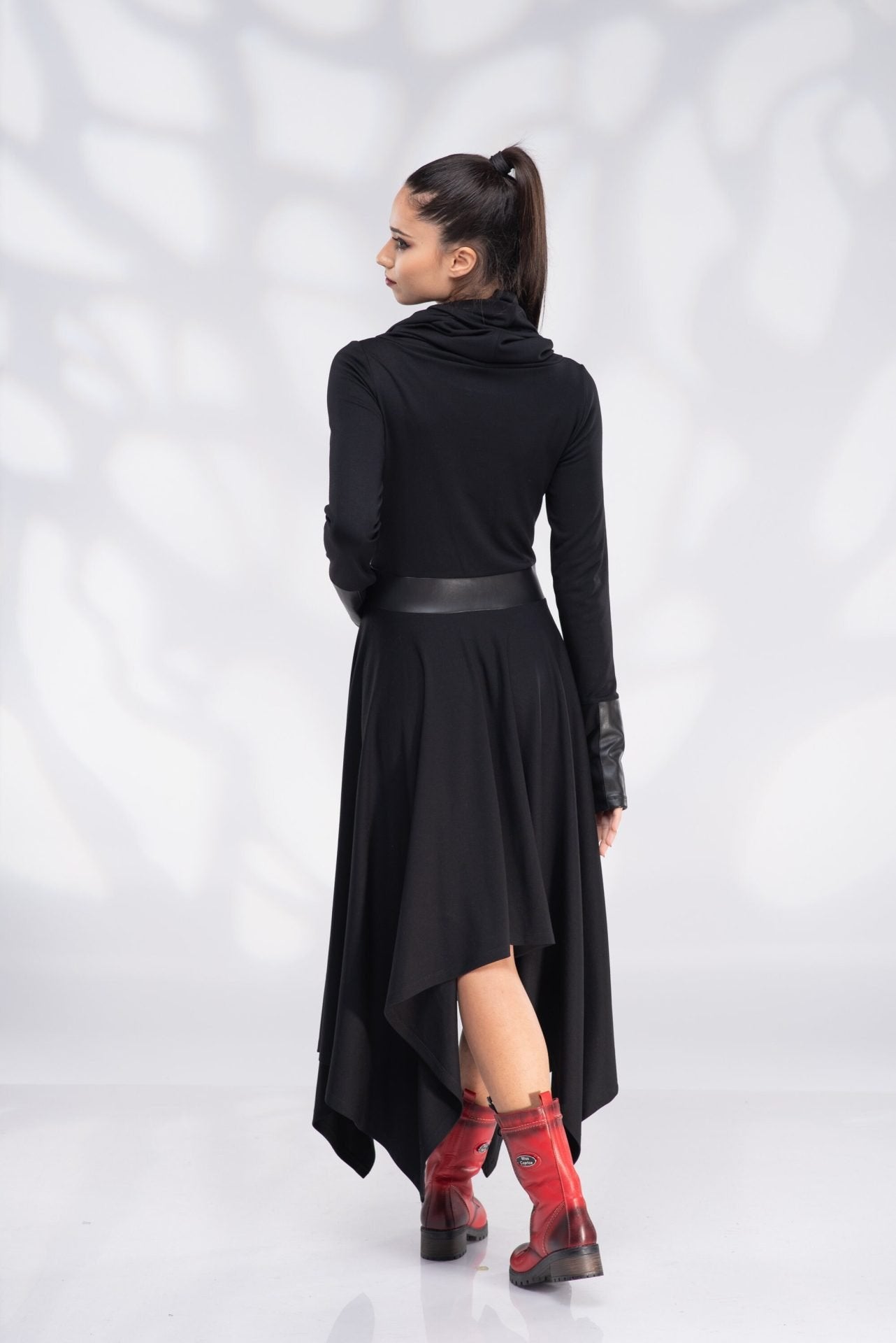 Black Winter Pixie Wool Dress with Cowl Hood