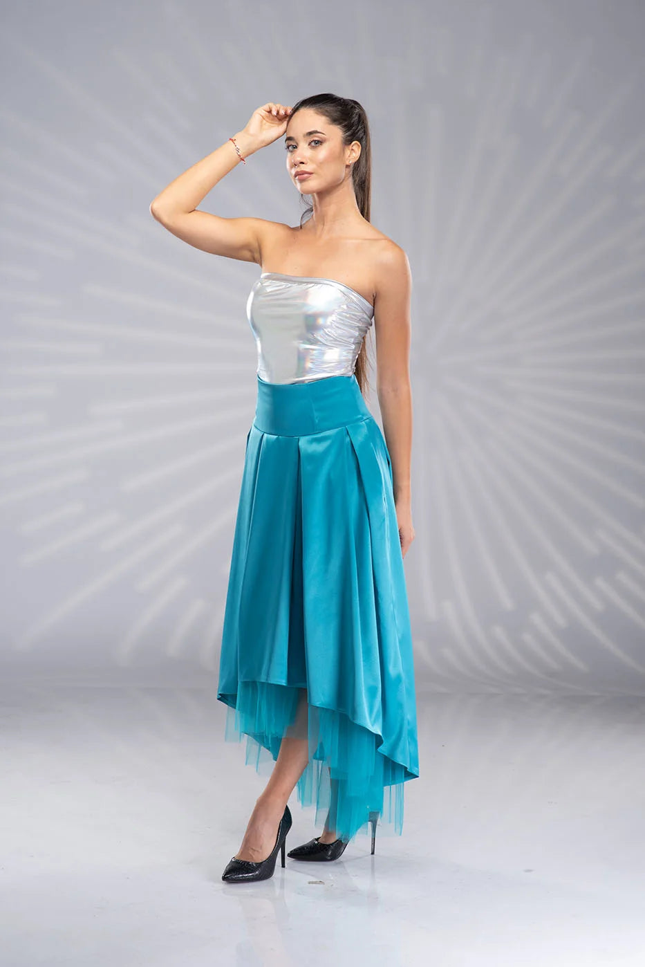 Long Turquoise Satin Skirt - High Low Bridal Tulle Skirt