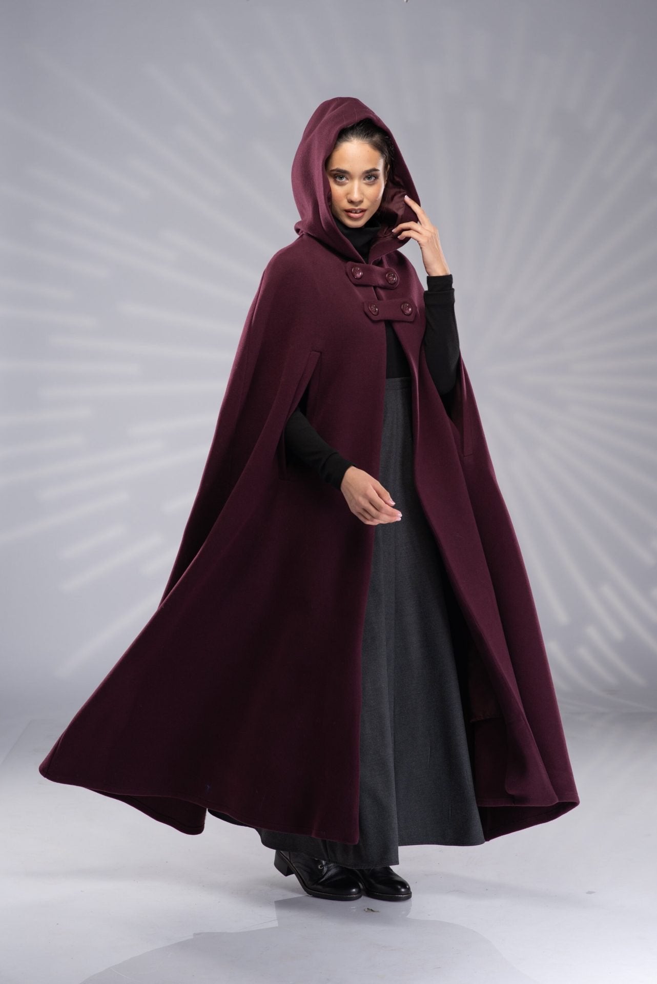 Wool Coat Cloak with Hood Long Maxi Hooded Cloak