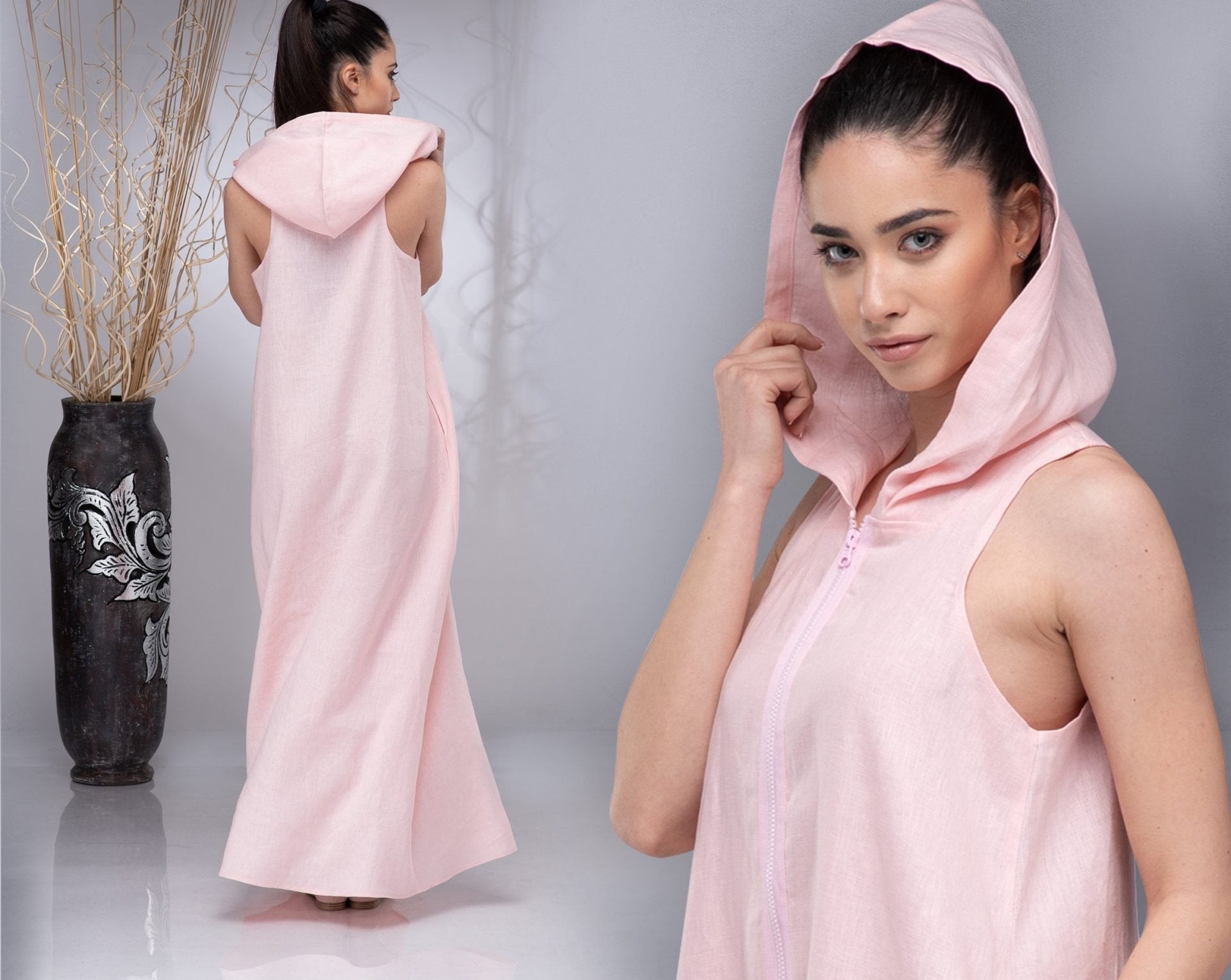Linen Hooded Maxi Kaftan Plus Size Boho Dress