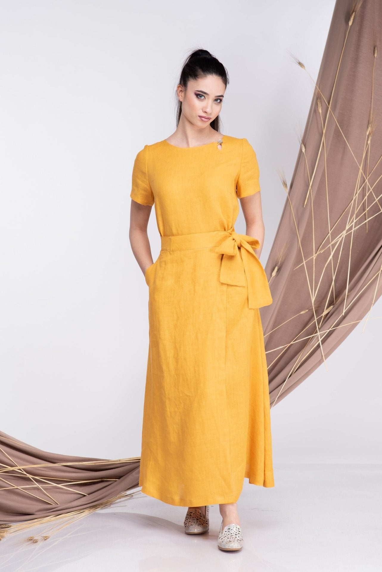 Wrap Linen Maxi Skirt with Pockets