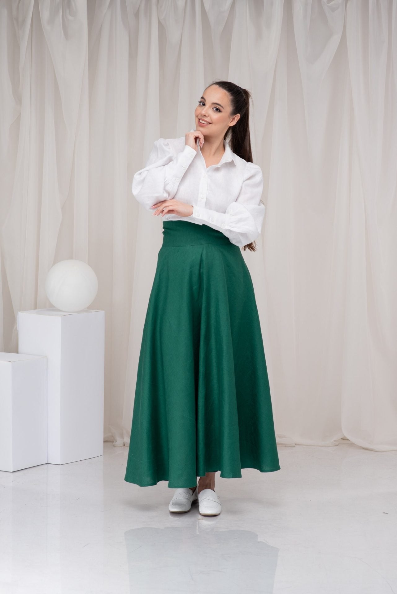Long Green Linen Full Circle Skirt with Pockets