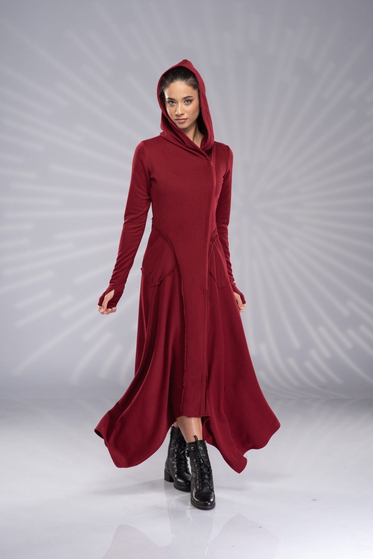 Burgundy Maxi Hoodie Sweatshirt Dress with Pockets