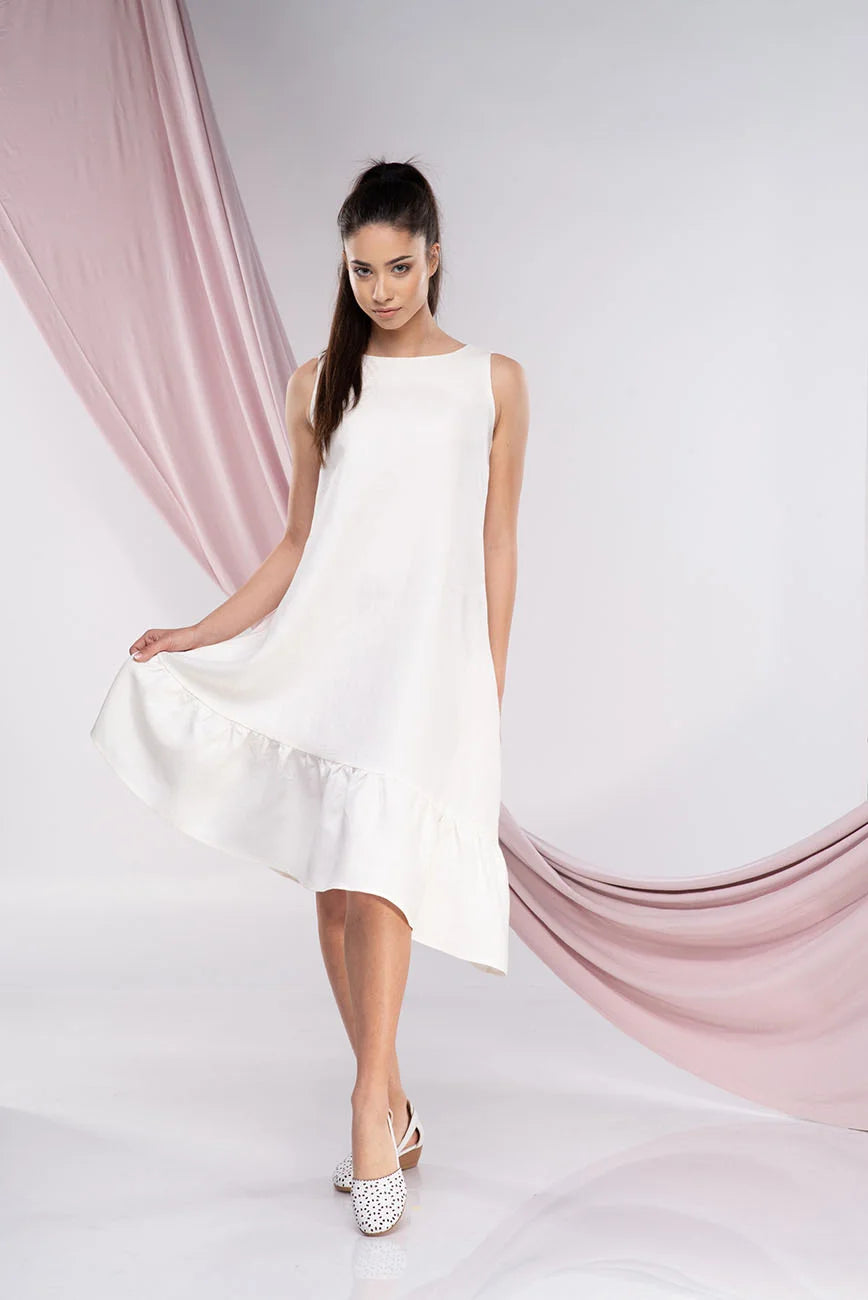 White Linen Midi Wedding Guest Dress