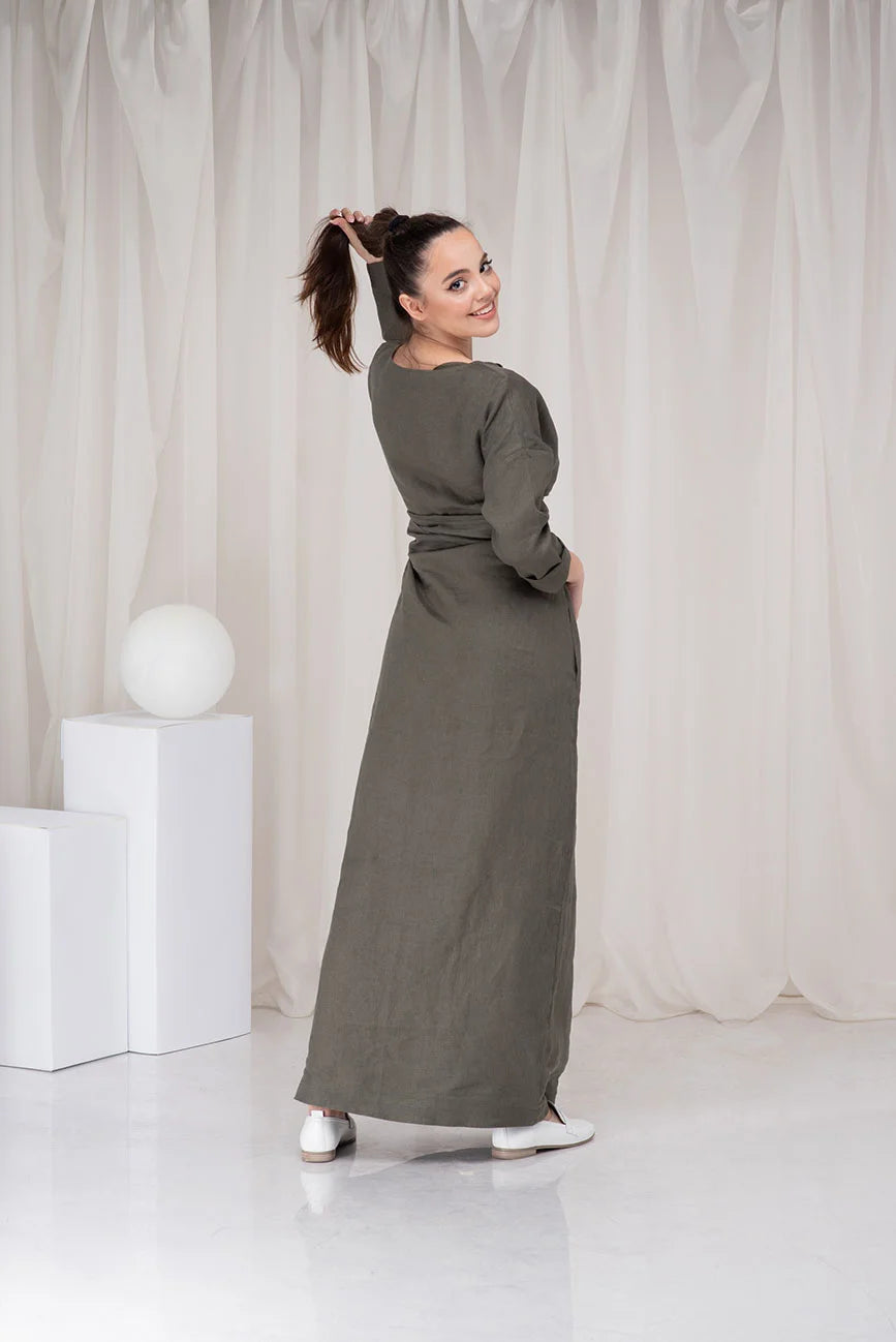 Long Linen Maxi Dress with Obi Belt