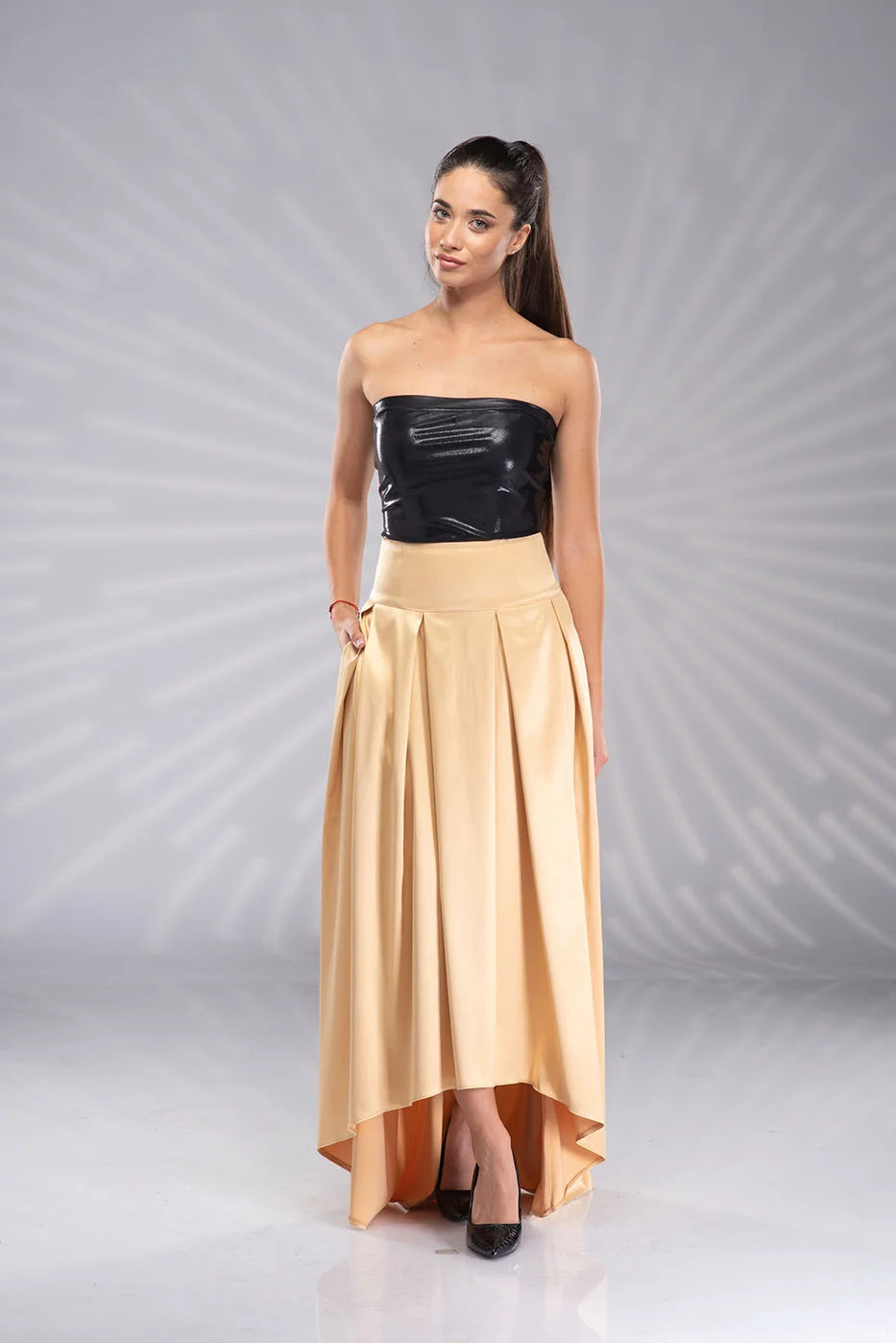 Satin Gold Pleated Skirt - Long High Waisted Bridal