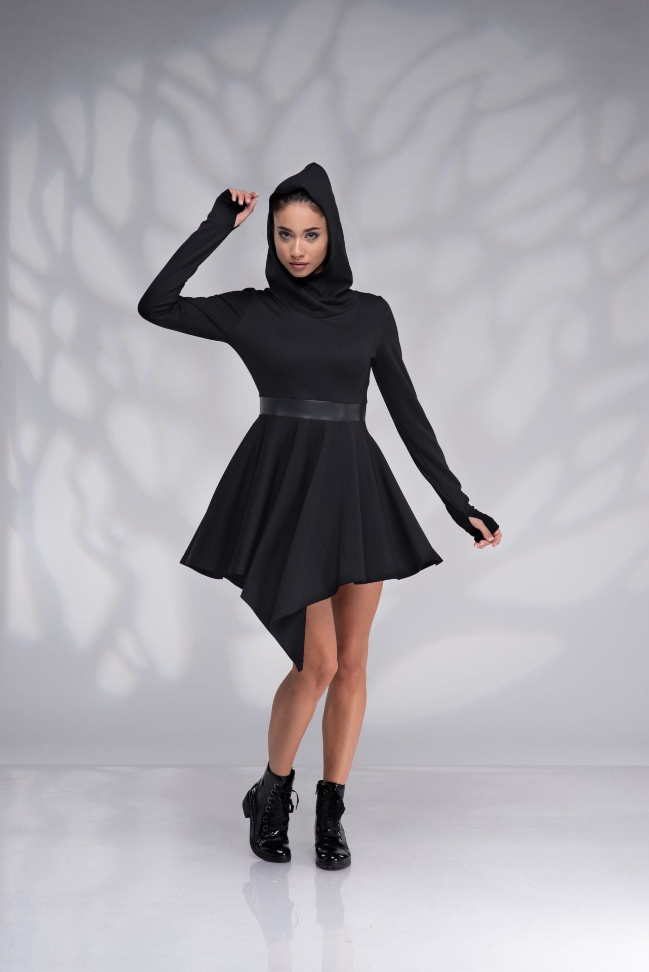 Hooded Winter Elven Mini Dress with Thumb Holes
