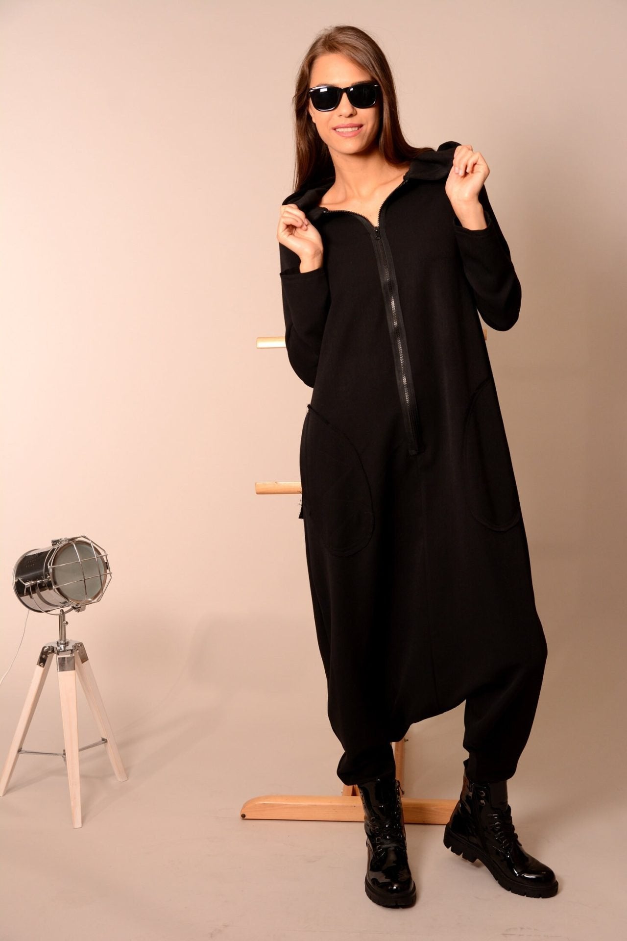 Black Plus Size Harem Hooded Maxi Romper