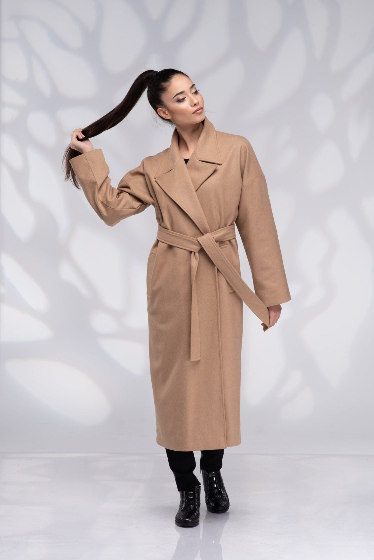 Long Wrap Camel Wool Coat Plus Size with Belt