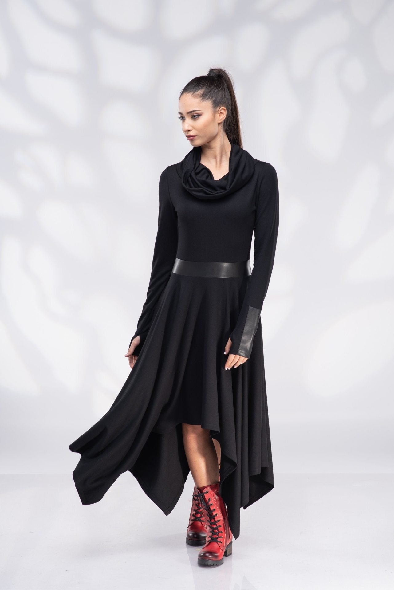Black Winter Pixie Wool Dress with Cowl Hood