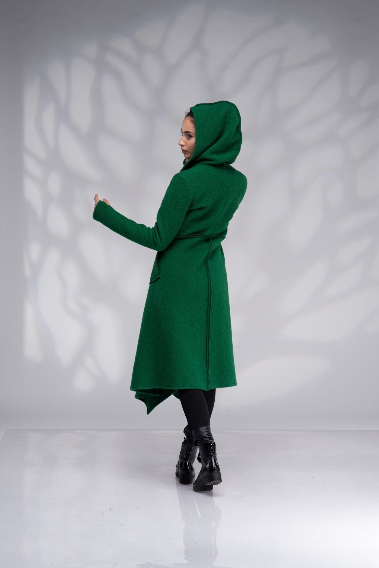 Green Boiled Wool Coat Hooded Winter Long with Zipper