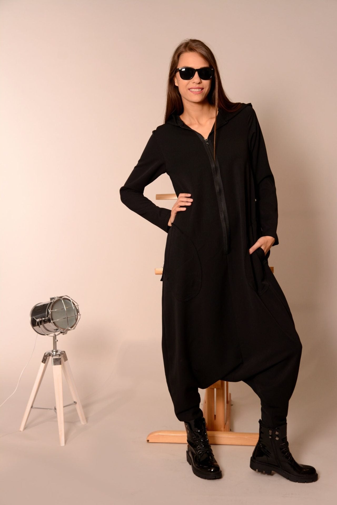 Black Plus Size Harem Hooded Maxi Romper