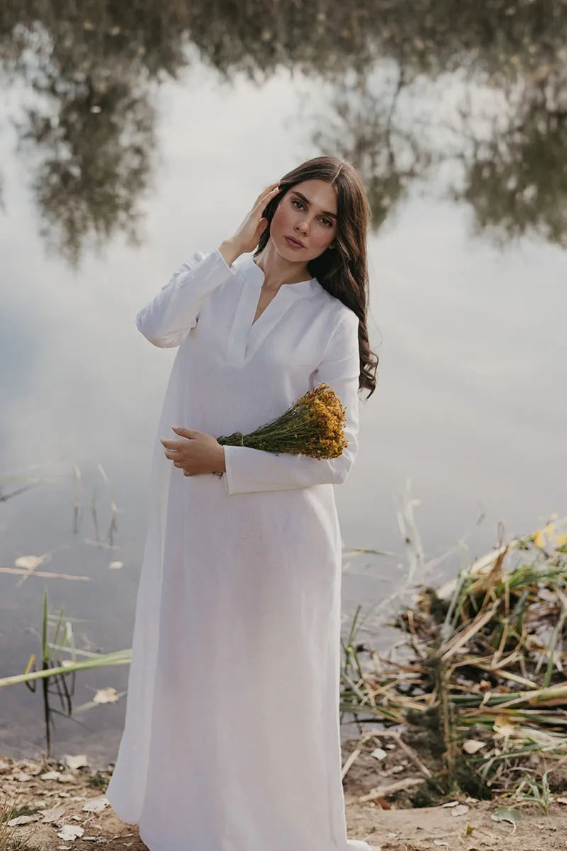 White Linen Kaftan Dress Women - Long Sleeve and V Neckline