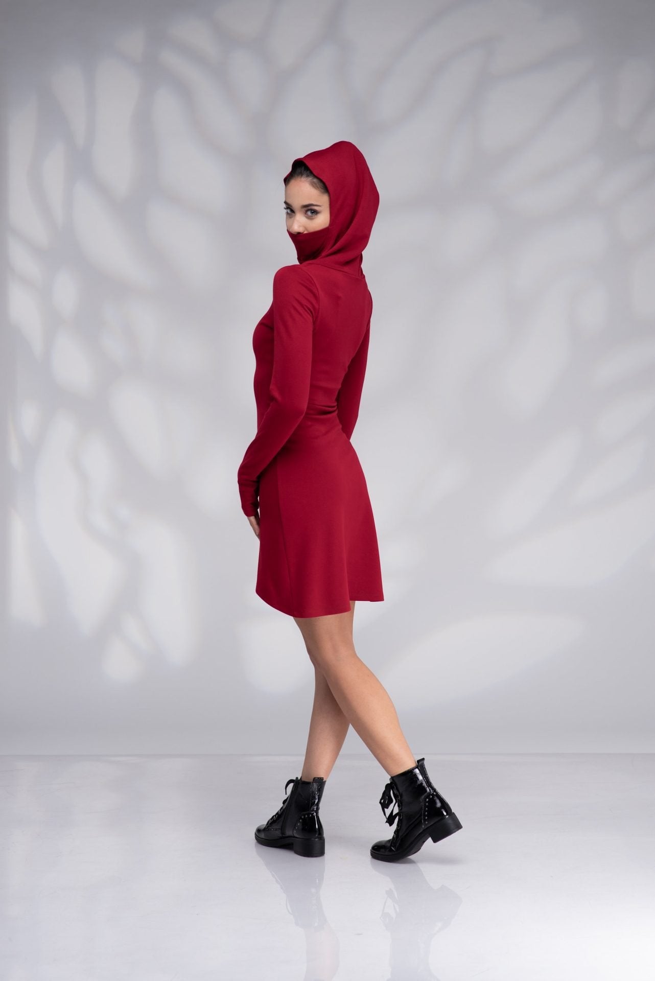 Hooded Asymmetrical Burgundy Mini Dress with Cowl Hood