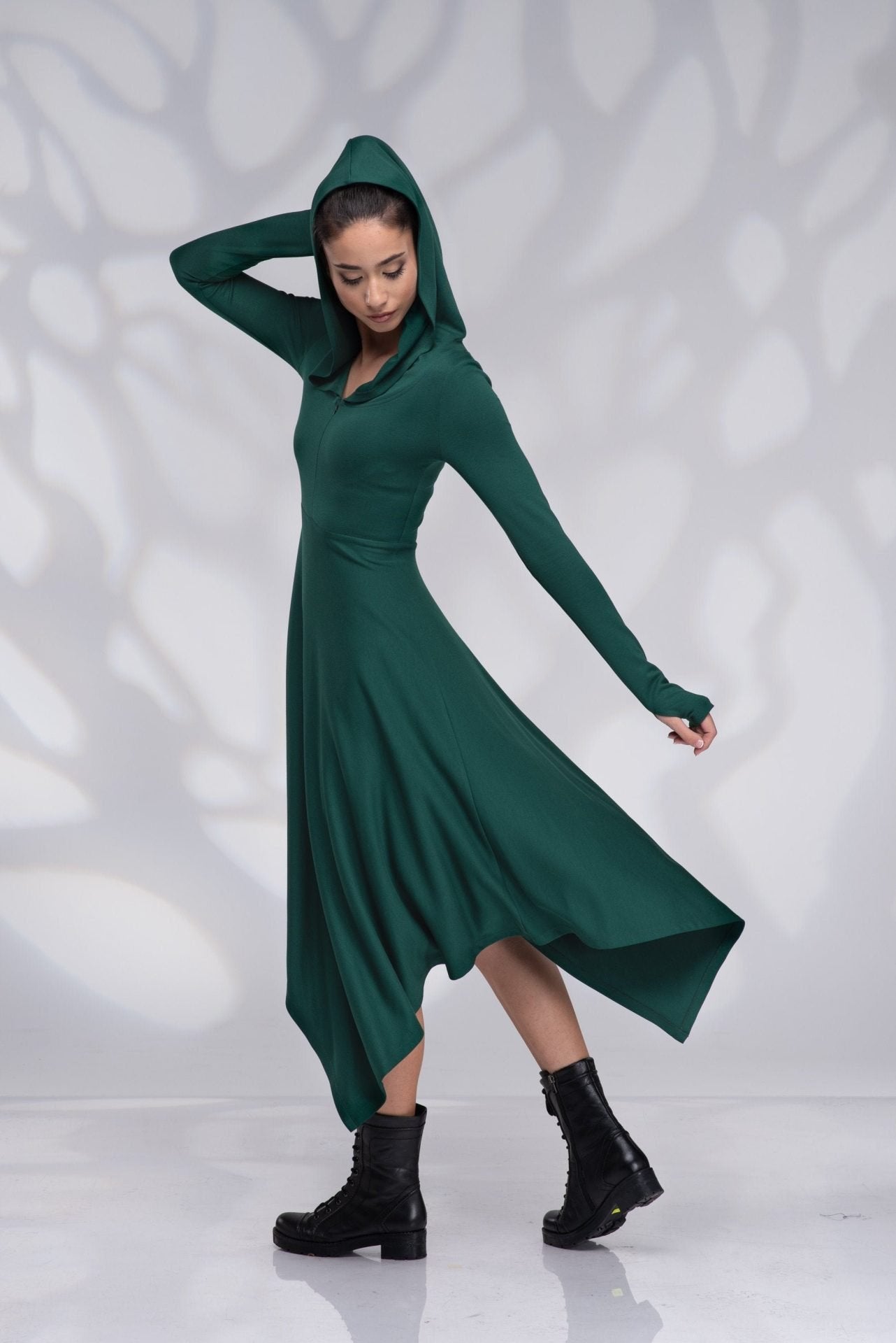 Hooded Elven Sexy Black Winter Pixie Asymmetrical Dress