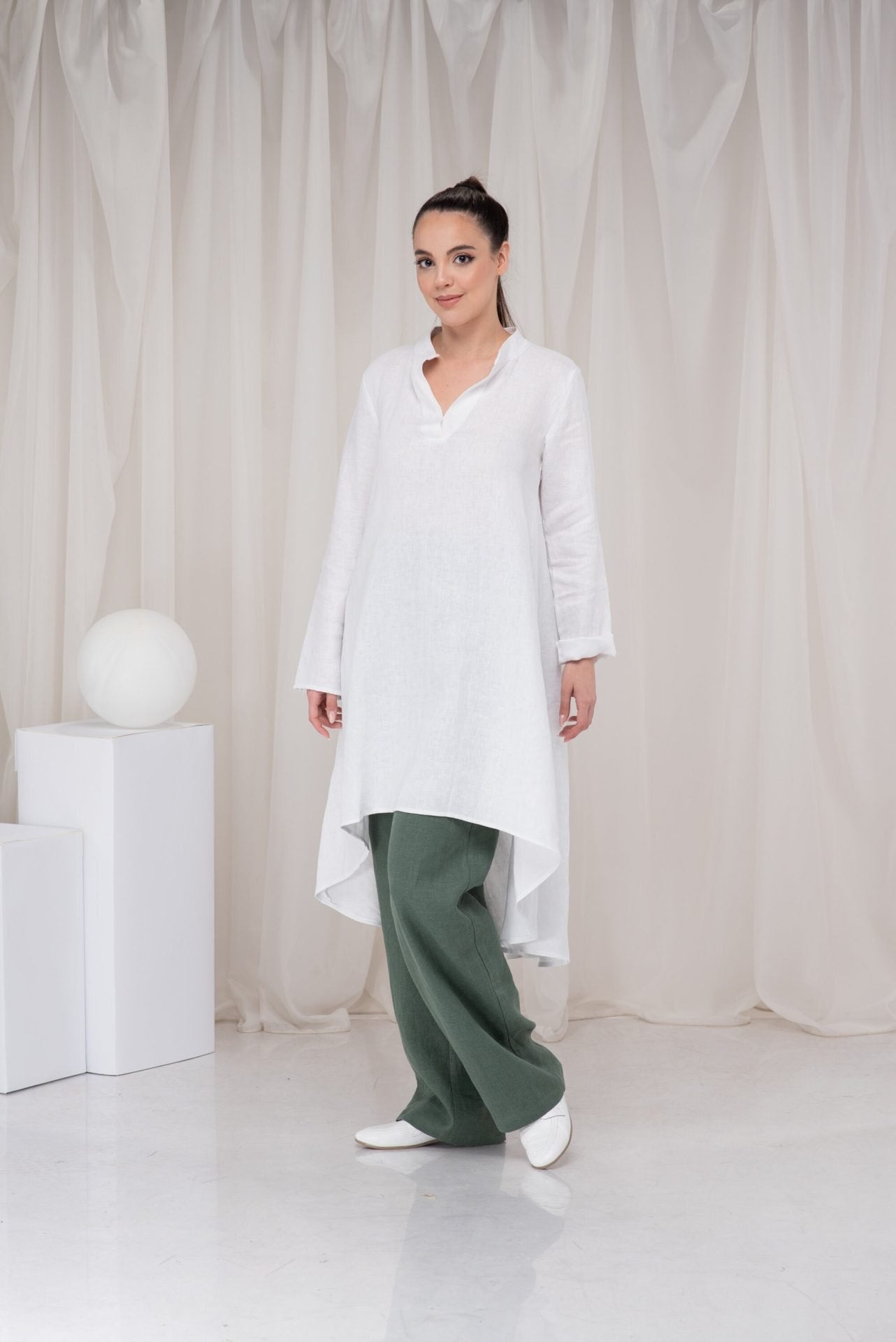 White Long Linen Asymmetrical Tunic Top with Long Sleeves