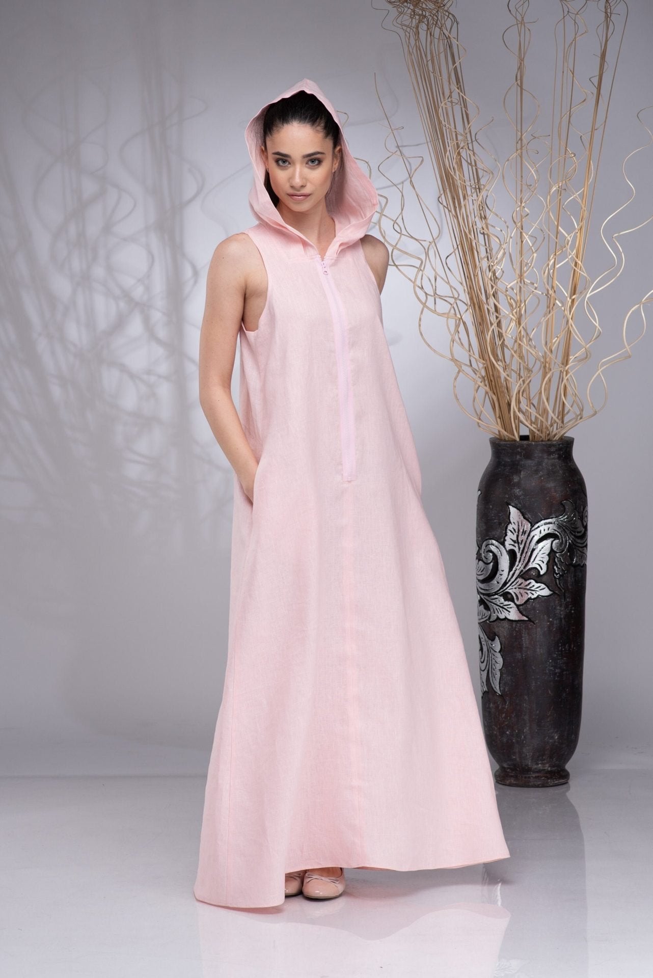 Linen Hooded Maxi Kaftan Plus Size Boho Dress