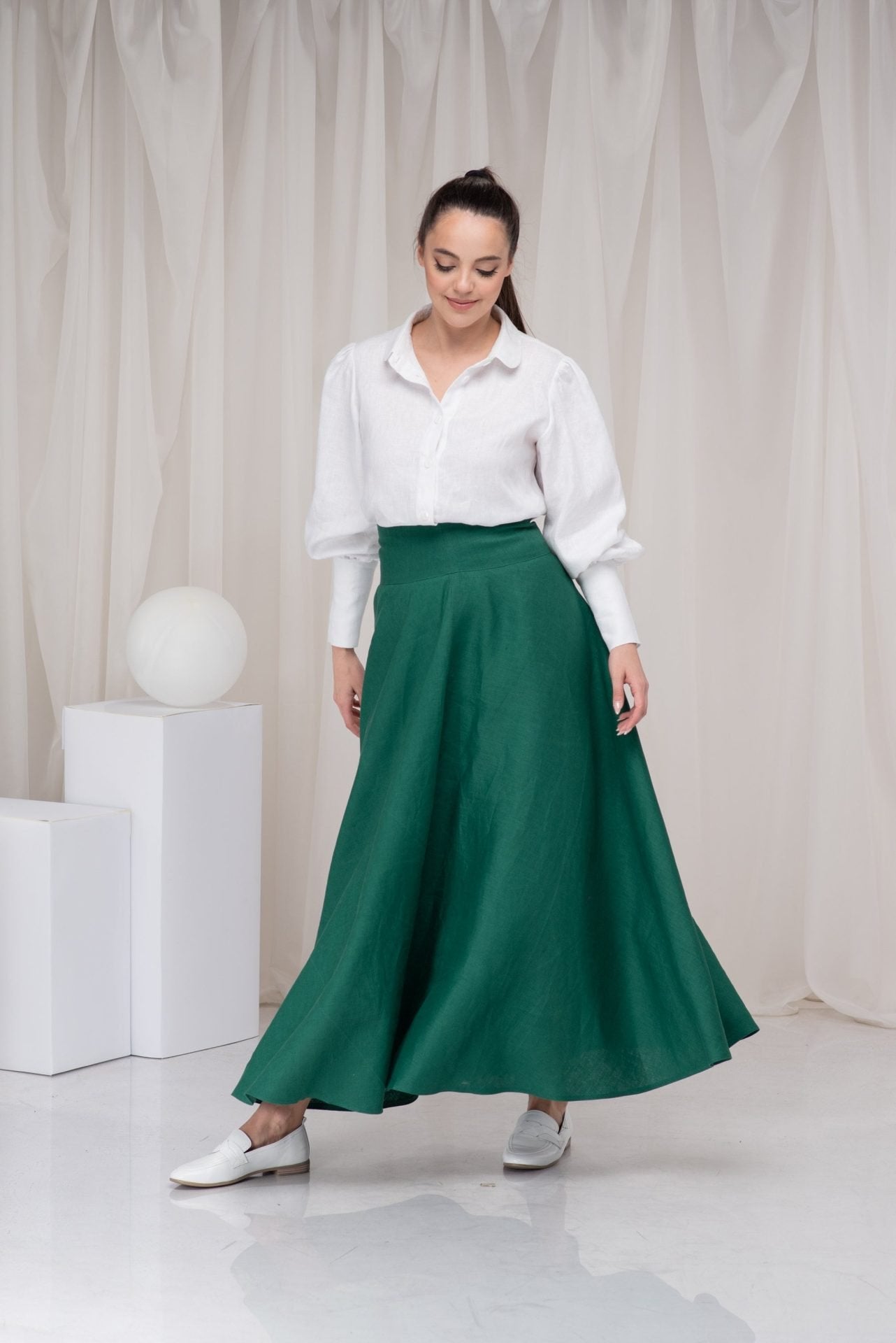 Long Green Linen Full Circle Skirt with Pockets
