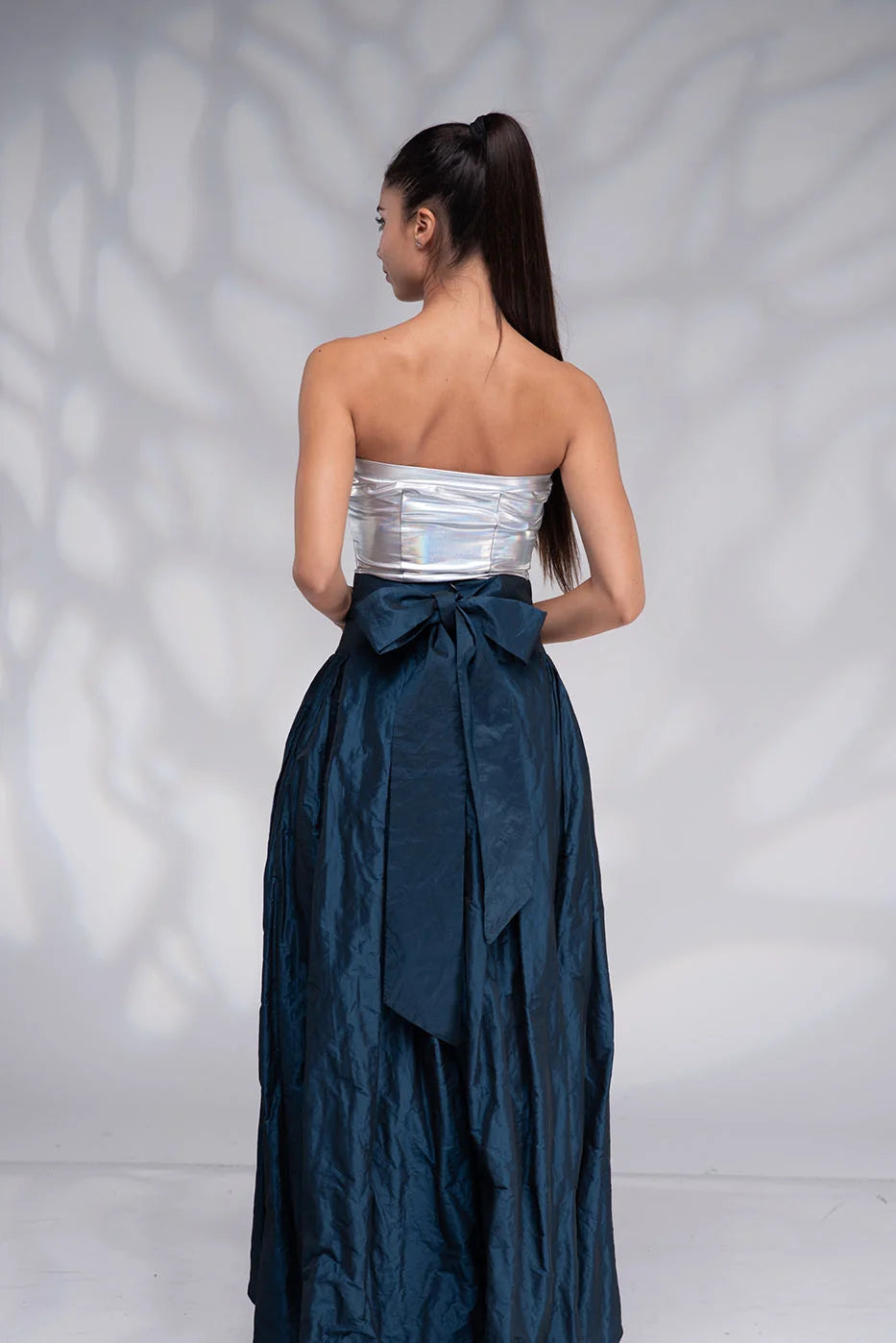 Long Navy Blue Taffeta Skirt with Tie Sash Bow - Formal High Low