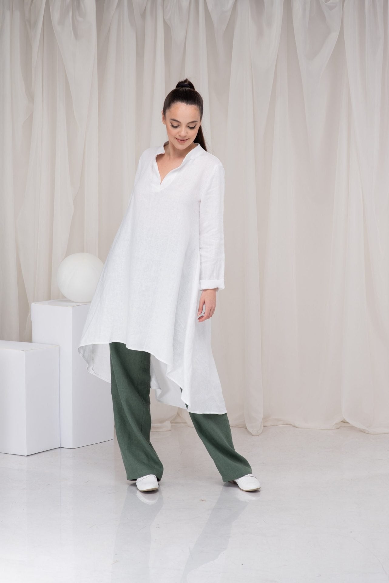 White Long Linen Asymmetrical Tunic Top with Long Sleeves