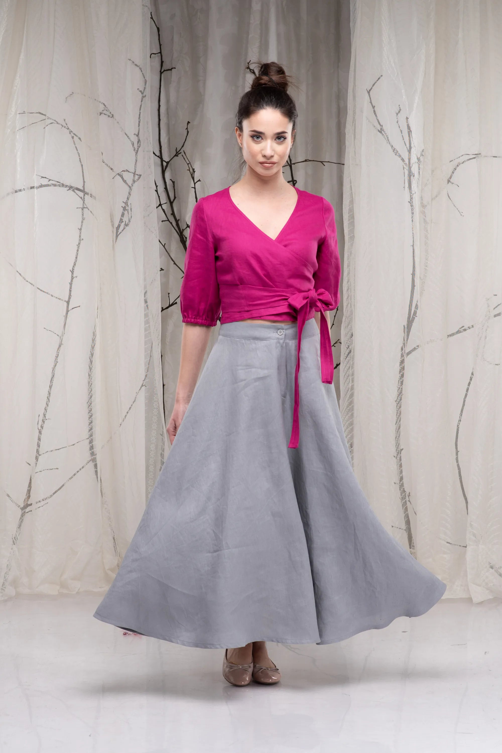 Linen Full Circle Flared Plus Size Long Skirt with Pockets-Danellys.webp