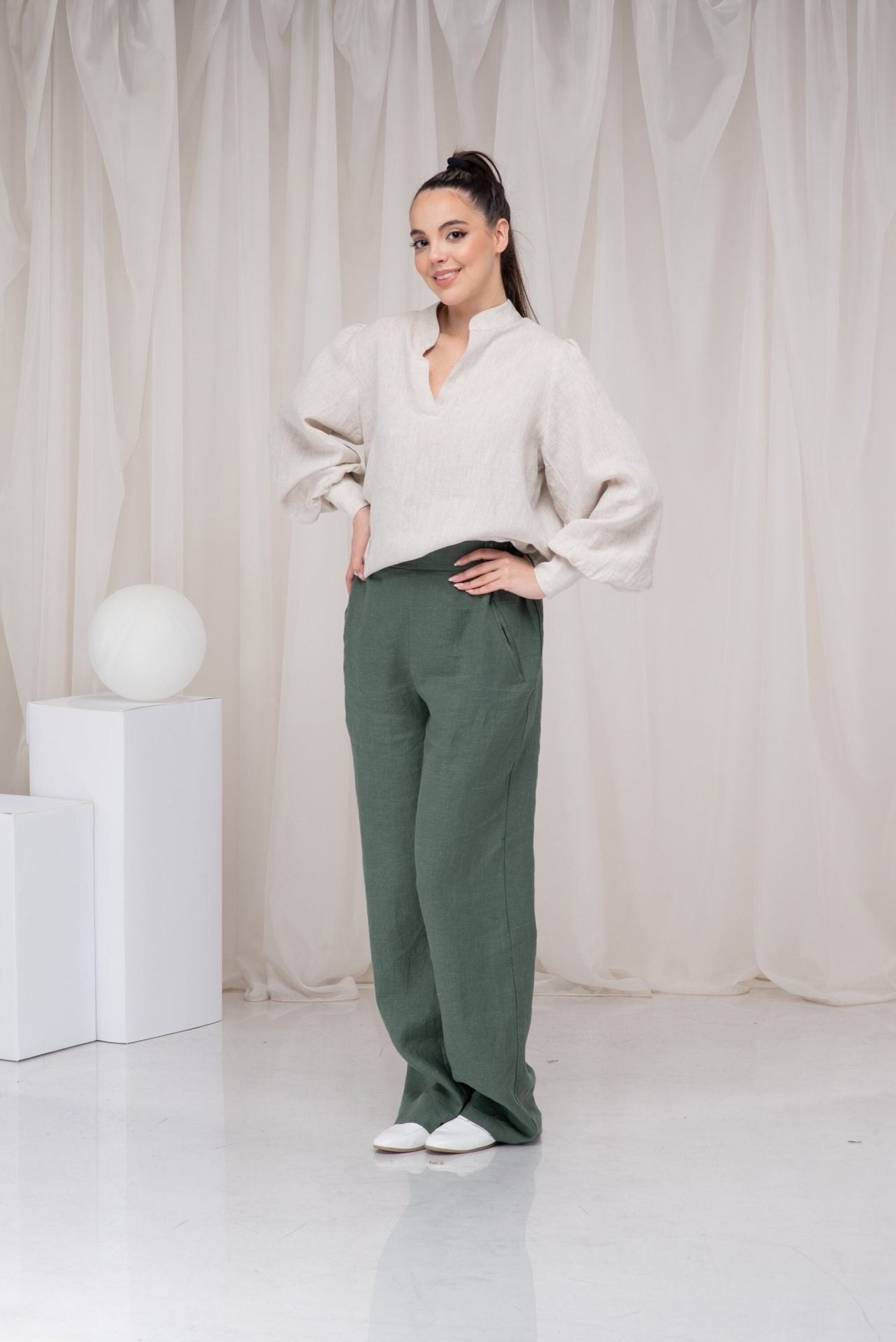 Green Linen Wide Leg Elastic Waist Palazzo Pants with Two Pockets