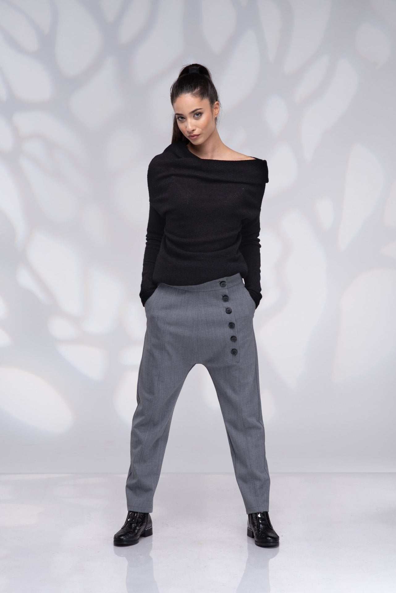 Harem Black Wool Drop Crotch Baggy Wool Winter Trousers