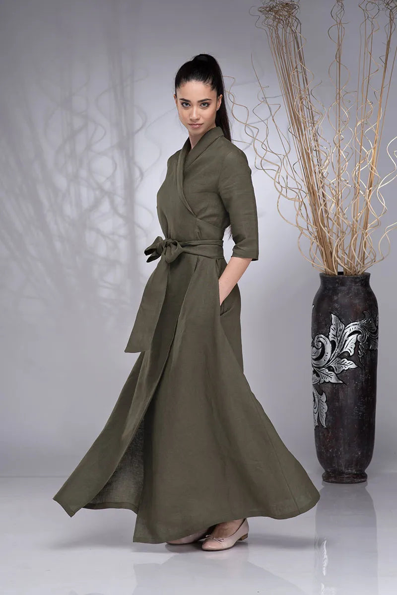 Linen Maxi Wrap Dress with Shawl Collar