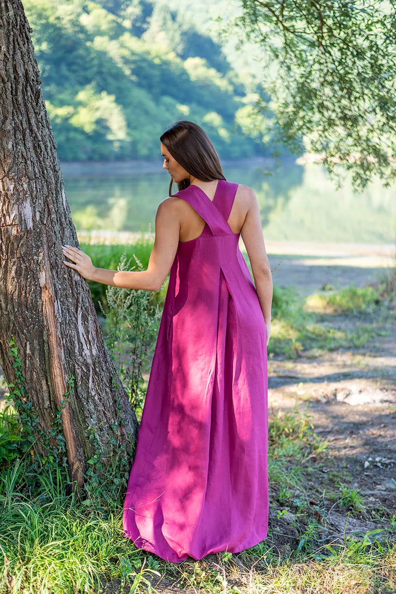 Maxi Linen Pinafore Dress with Square Neck and Cross Back