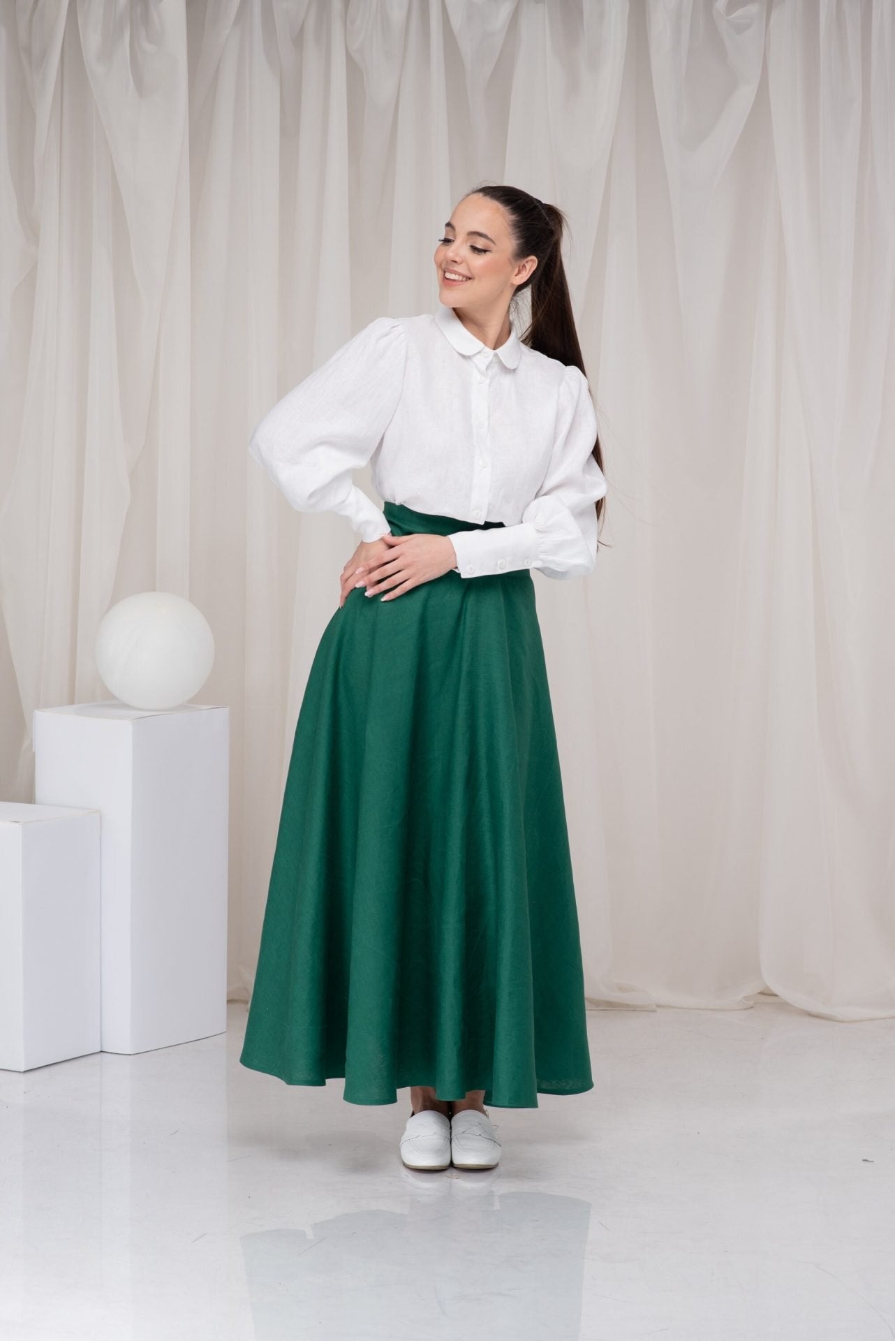 Long Green Linen Full Circle Skirt with Pockets