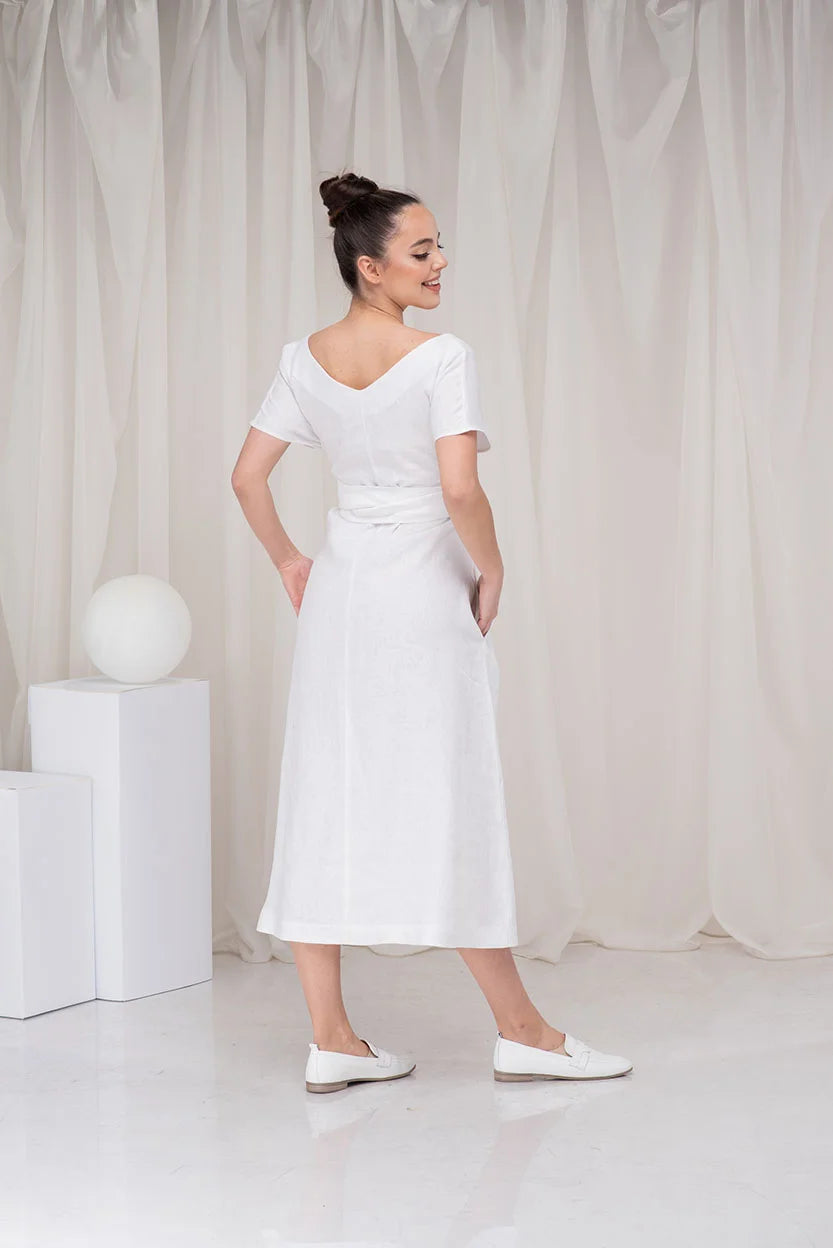 White Linen Midi Summer Wedding Guest Dress with Linen Belt