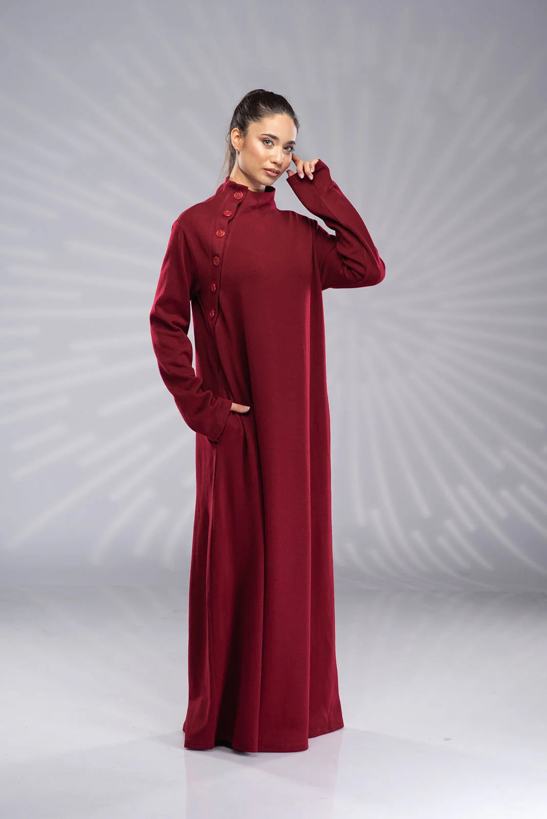 Long Sleeve Knit Dress with Turtleneck - Red Winter Maxi Dress