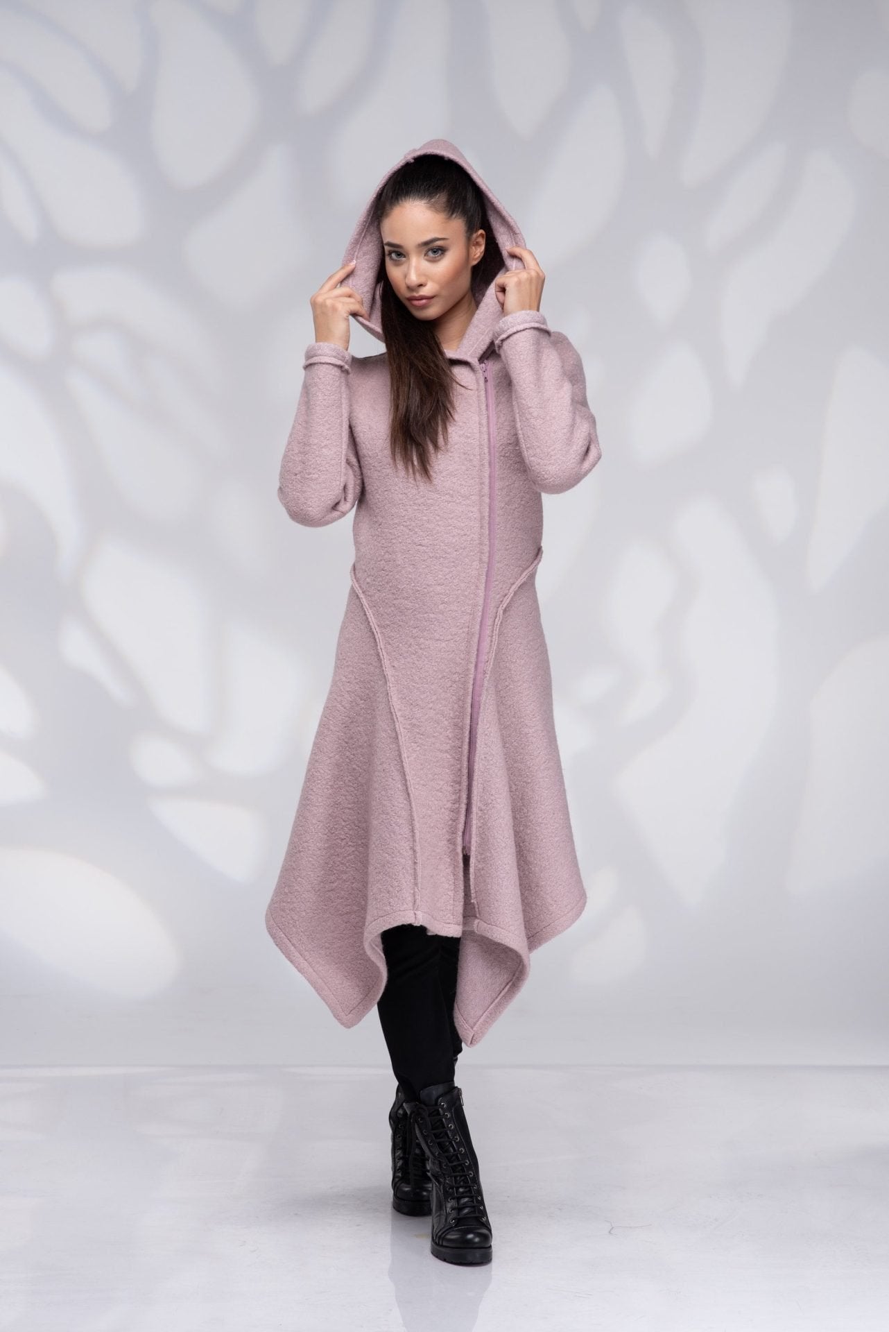 Wool Coat Winter Hooded Assymetrical with Zip