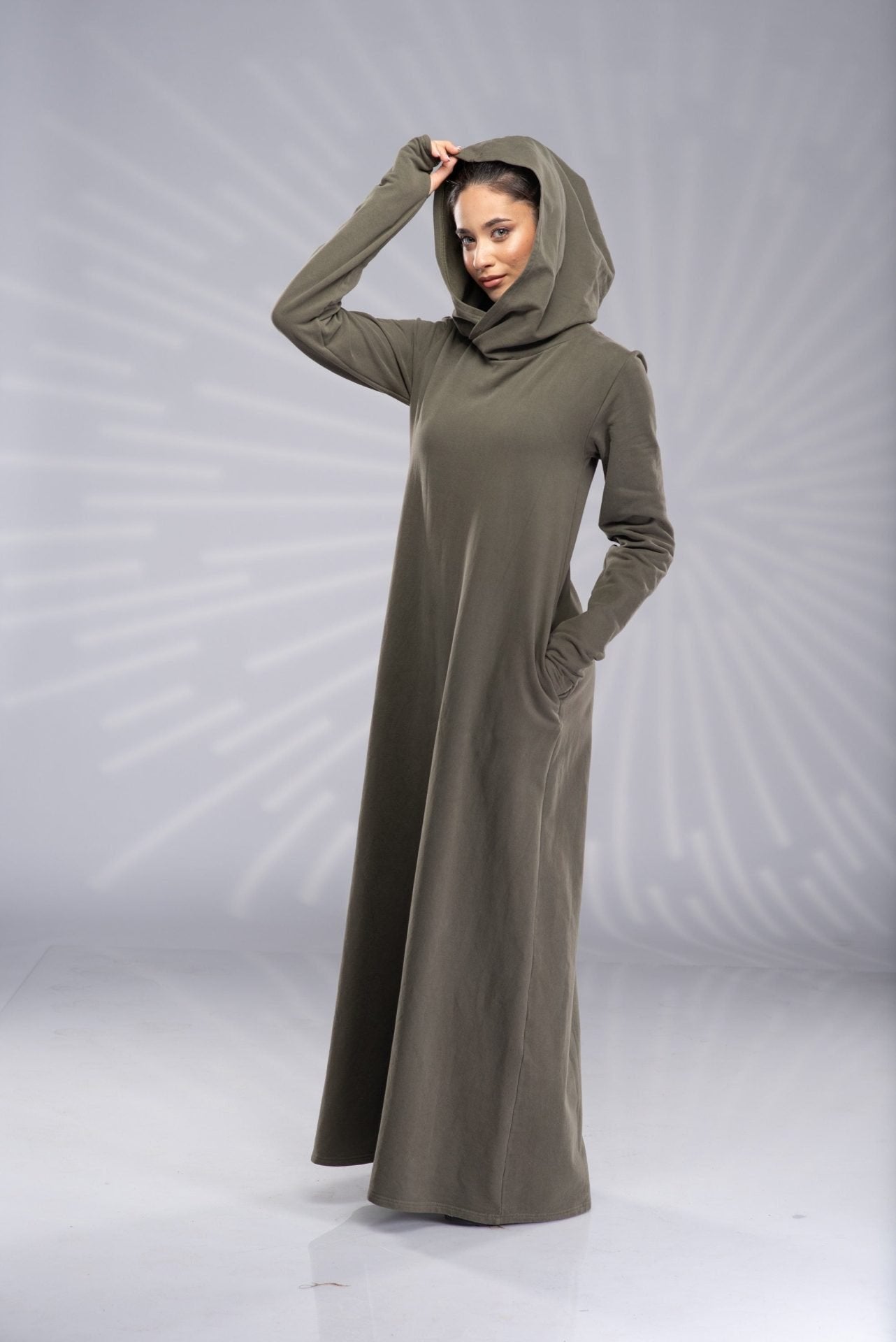 sweatshirt dress maxi Winter Maxi Fleece Sweatshirt Dress with Hood