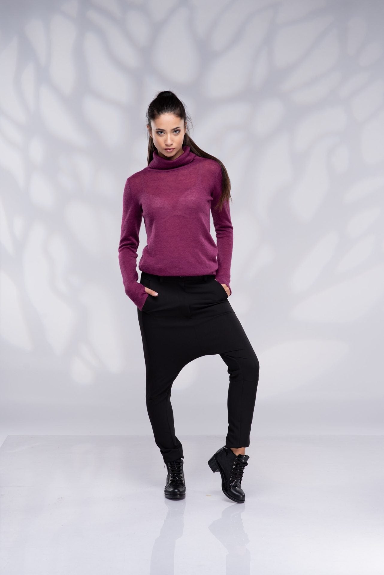 Turtleneck Purple Fitted Top with Thumb Holes