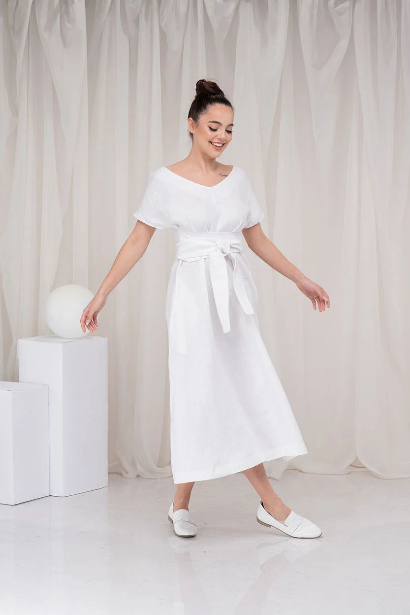 White Linen Midi Summer Wedding Guest Dress with Linen Belt