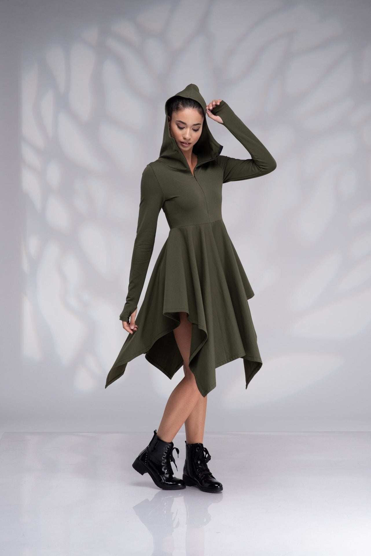 Hooded Winter Asymmetrical Dress with Thumb Holes
