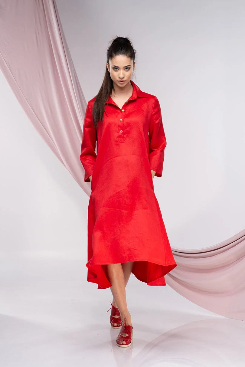 Red Linen Plus Size Evening Dress