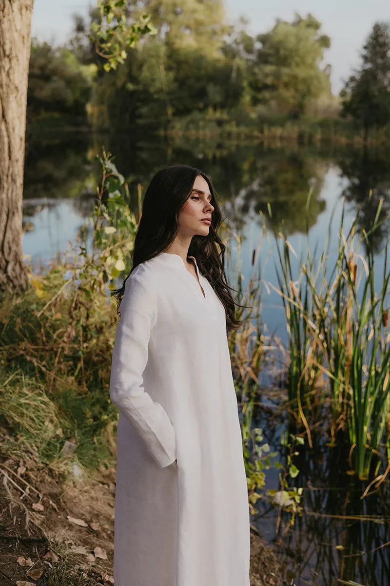 White Linen Kaftan Dress Women - Long Sleeve and V Neckline