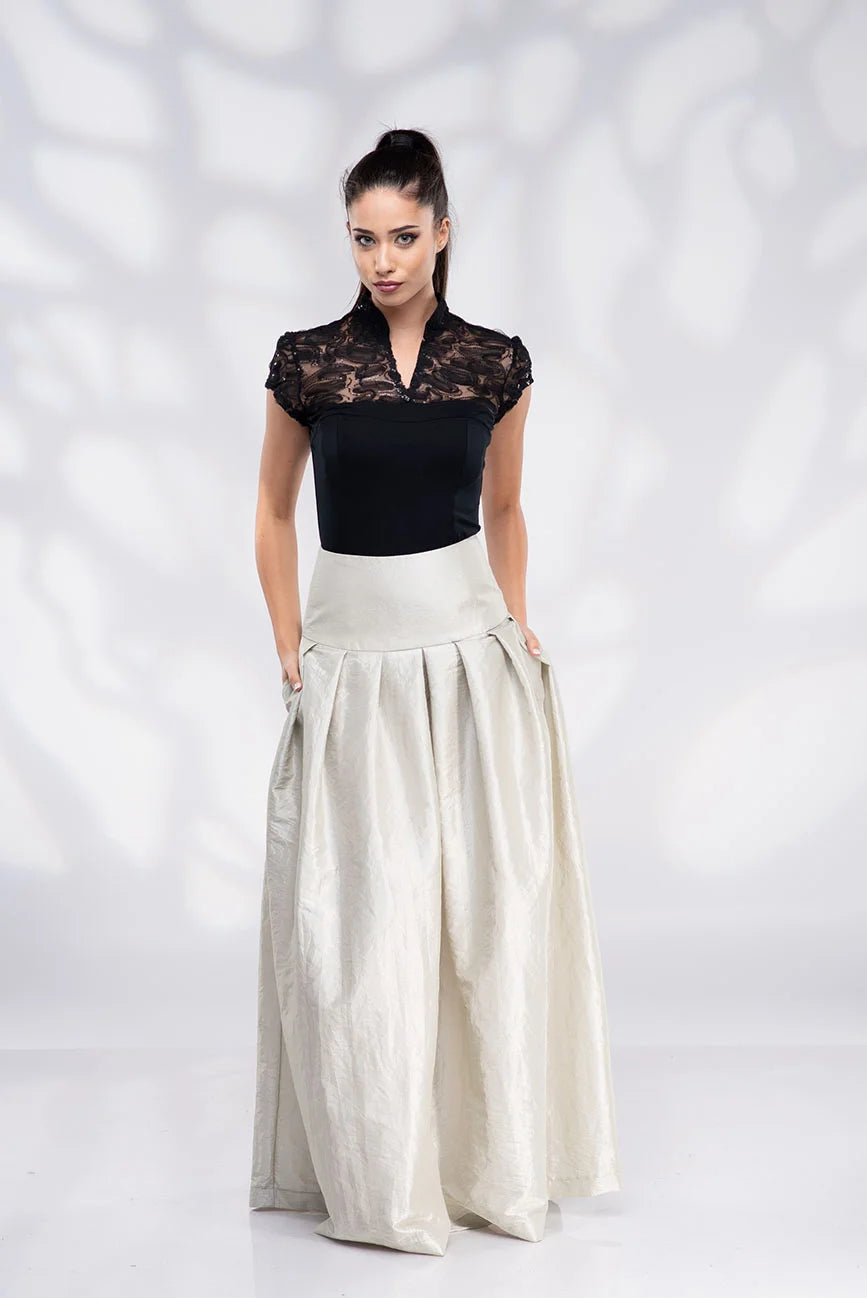 Taffeta Cream Skirt - Champagne Formal Long High Waisted