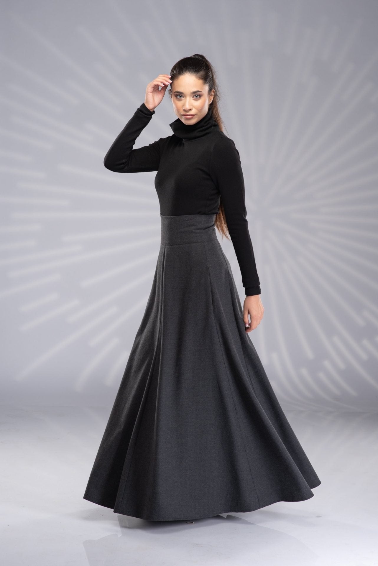 Long Wool Victorian Walking Winter Skirt with High Waist