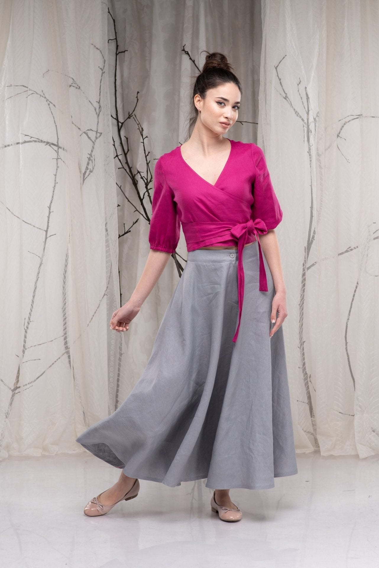 Linen Full Circle Flared Plus Size Long Skirt with Pockets