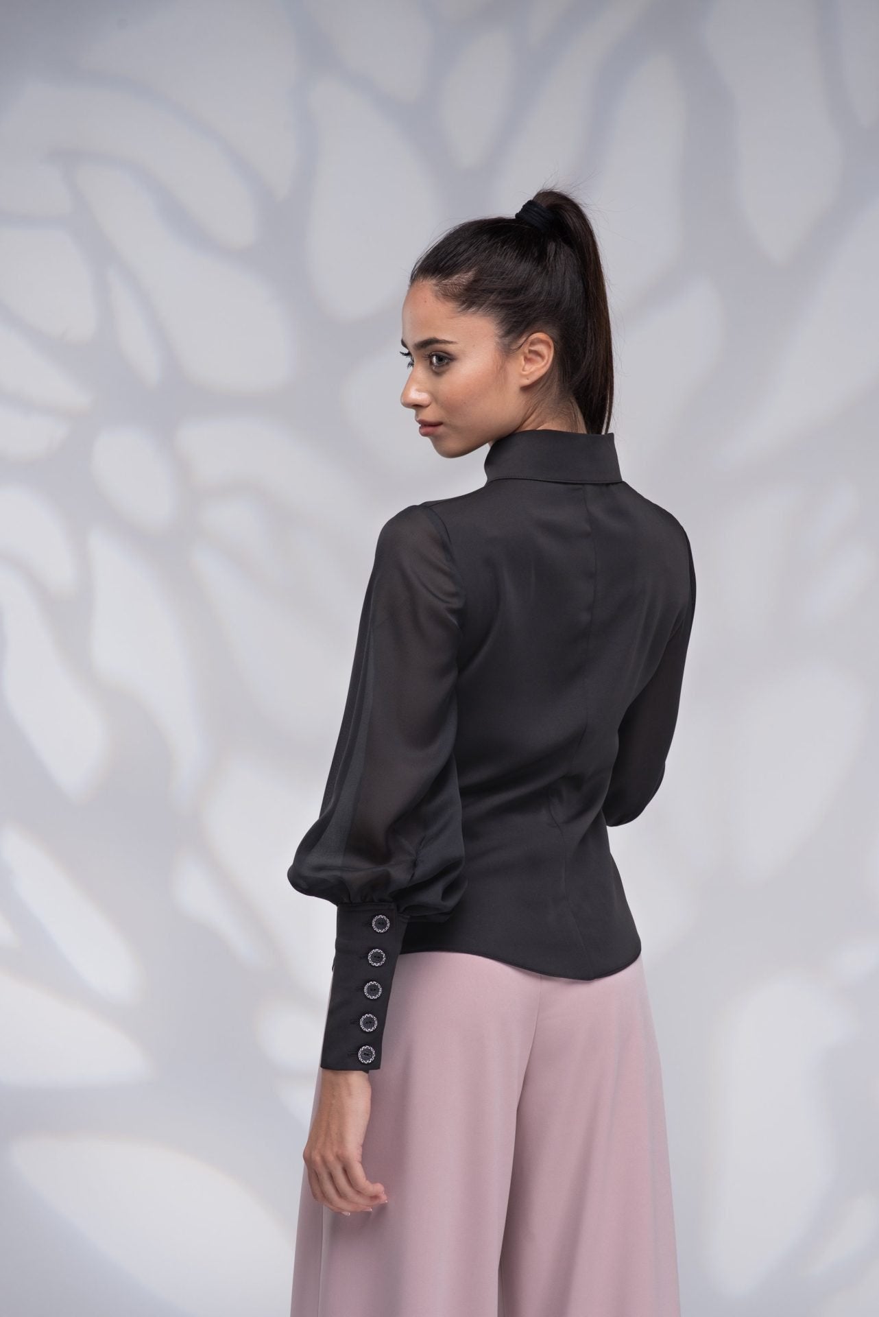 Black Button Up Victorian Long Puff Sleeve Blouse with Collar